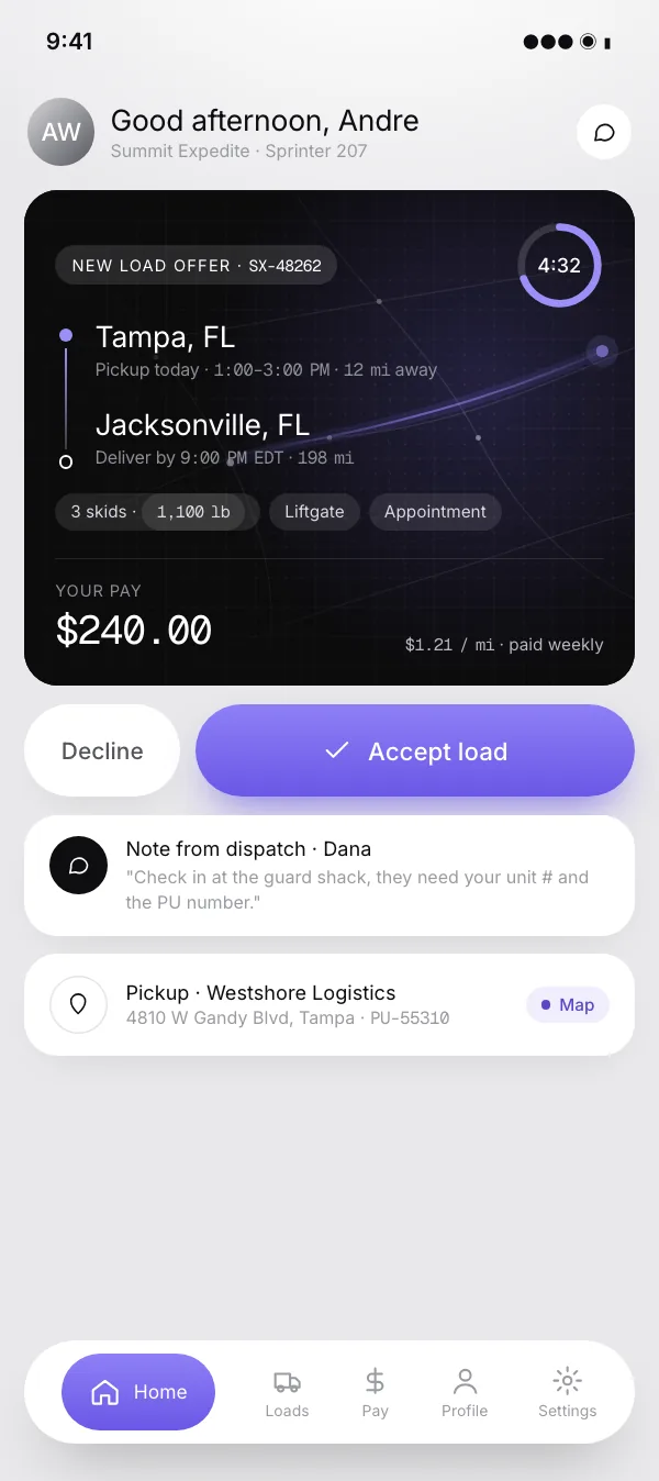 Driver home screen