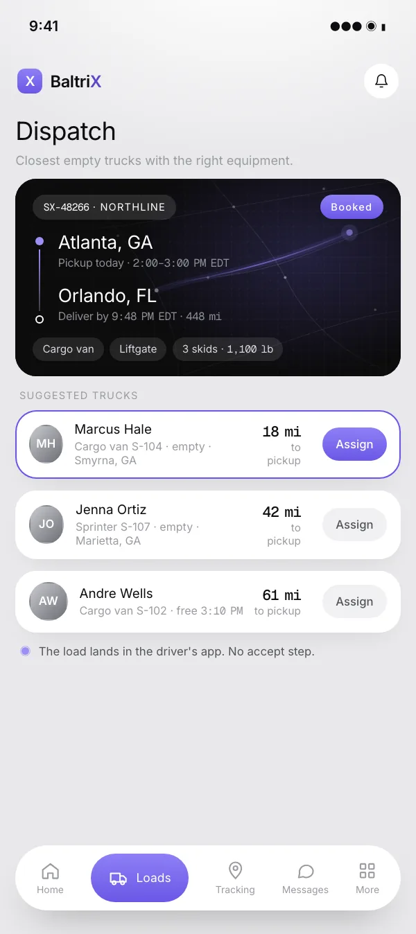 Dispatch board in the BaltriX app