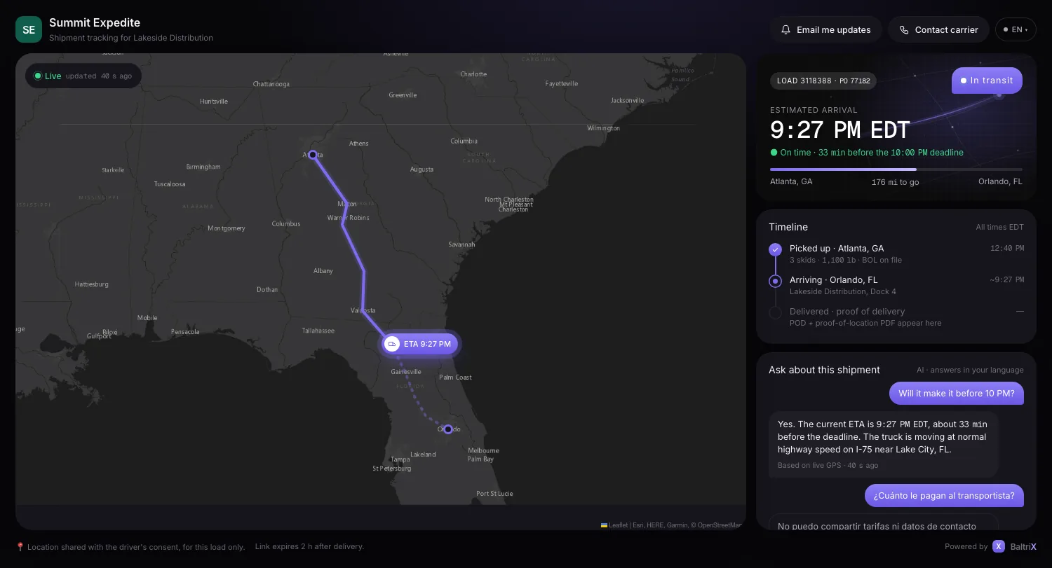 Customer tracking page for demo carrier Summit Expedite